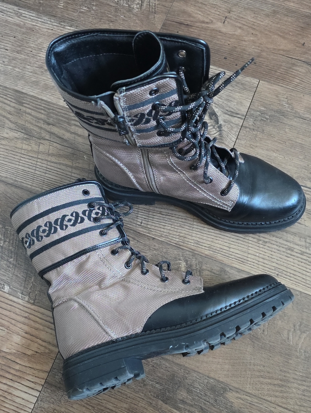 Sam & Libby Khaki-Black Lace-Up Combat Boots,  Embroidered